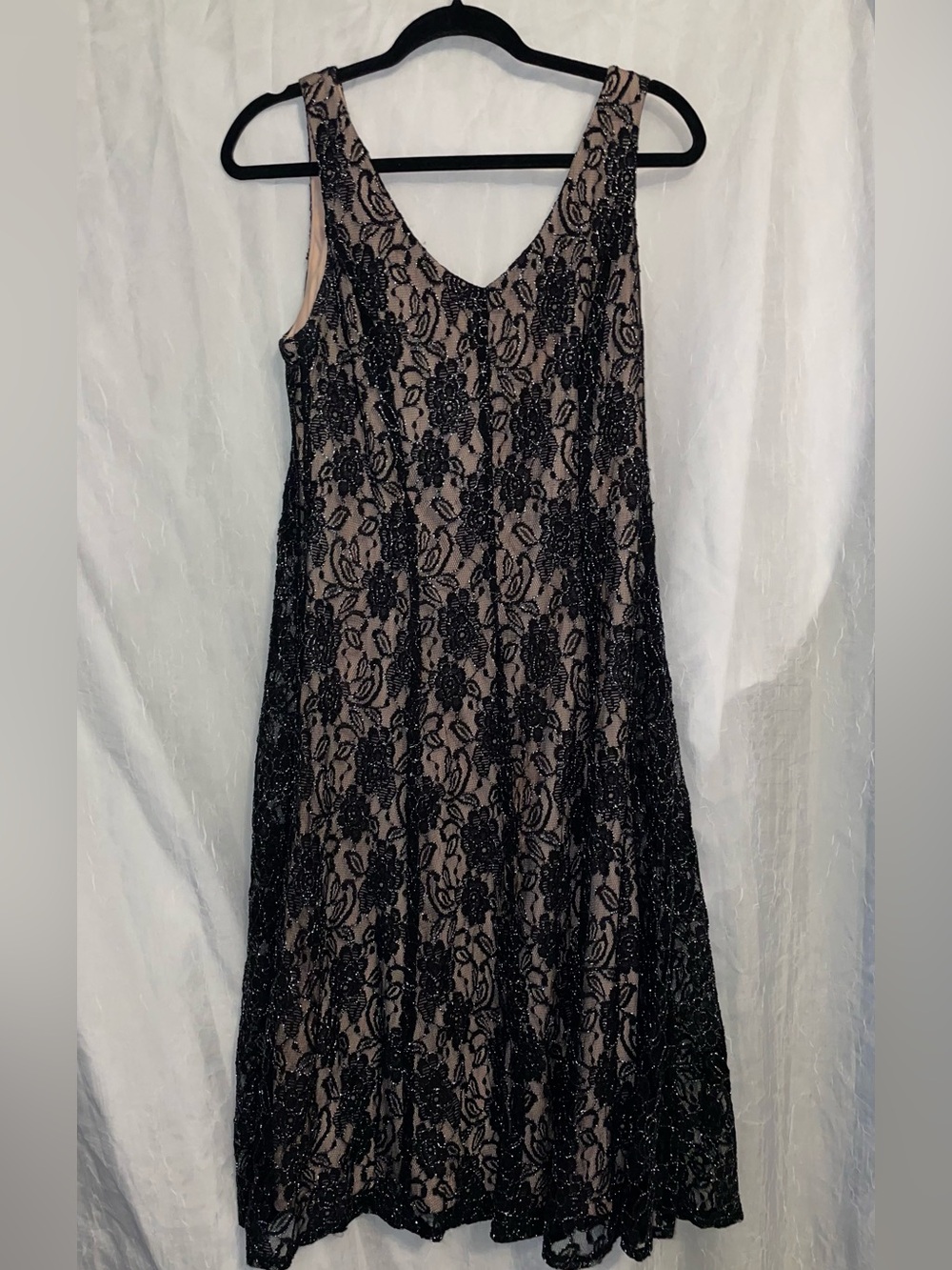 J. Taylor Black Metallic Glitter Floral Lace Nude Lined Midi Dress Size 12